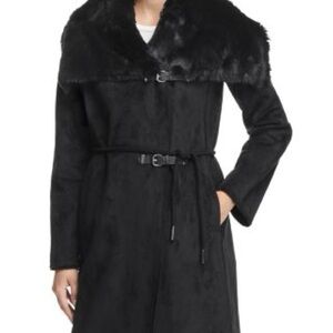 Calvin Klein Black Trench Coat with Fur Collar
